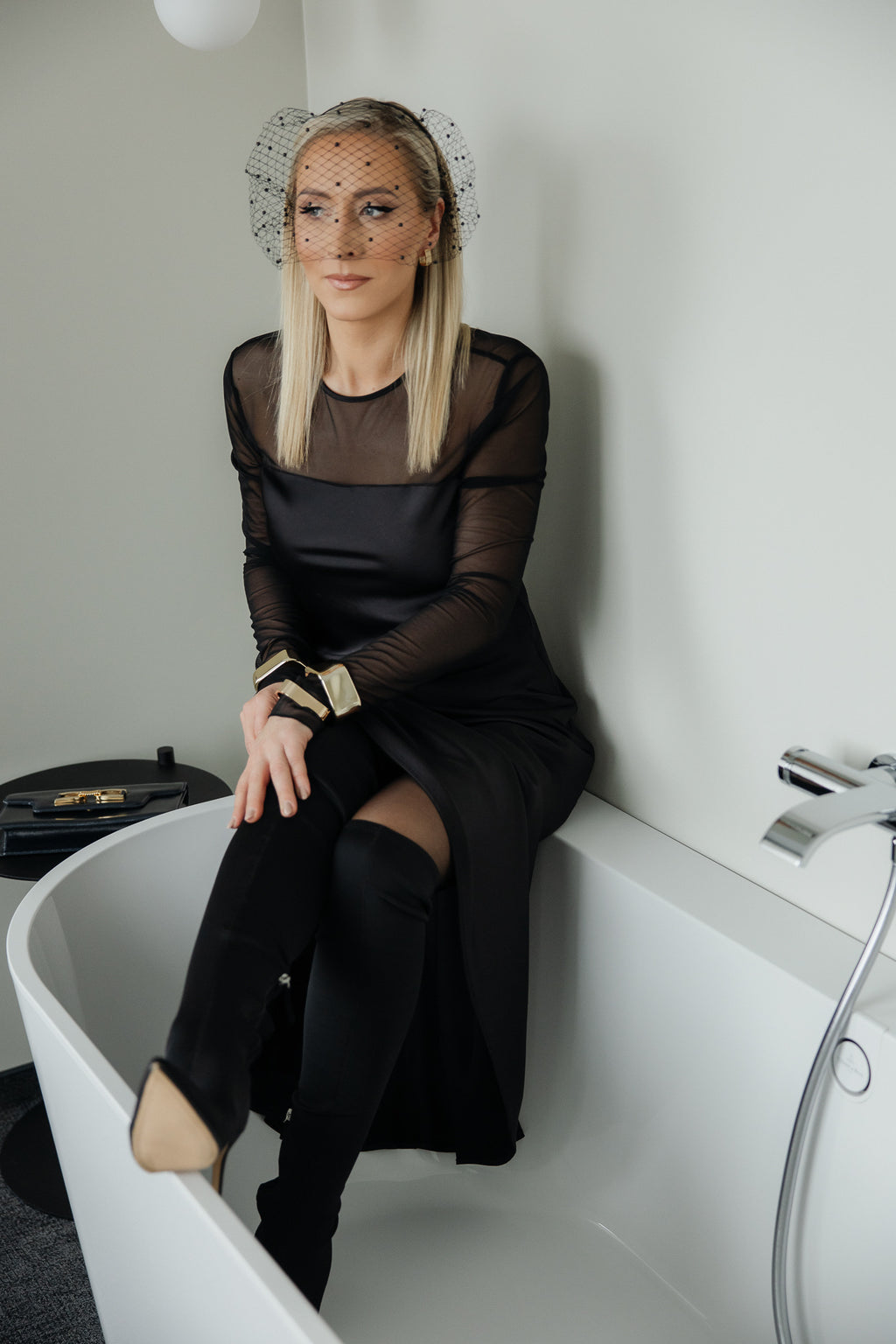 Black satin dress with tulle details