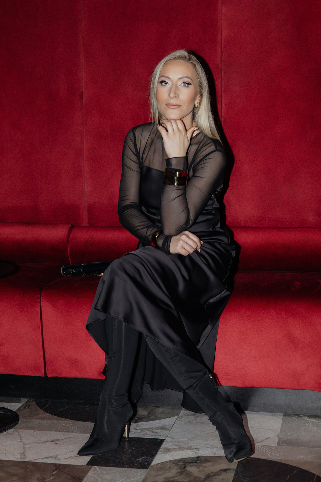 Black satin dress with tulle details
